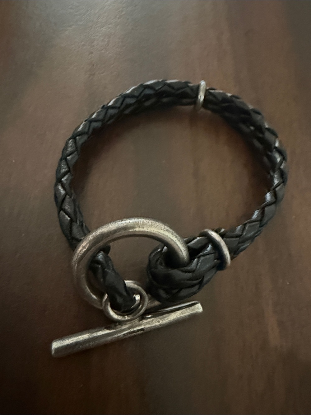 Braided Black Leather Toggle Bracelet